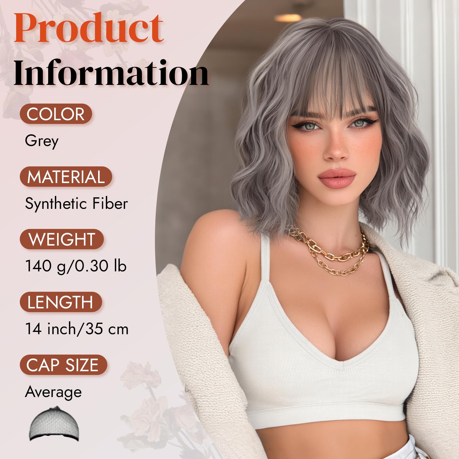 RUWISS Kurze Gewellt Bob Perücke mit Pony Grau 35 cm Synthetische Lockige Haare Perücken Damen für Cosplay Tägliche Party Halloween