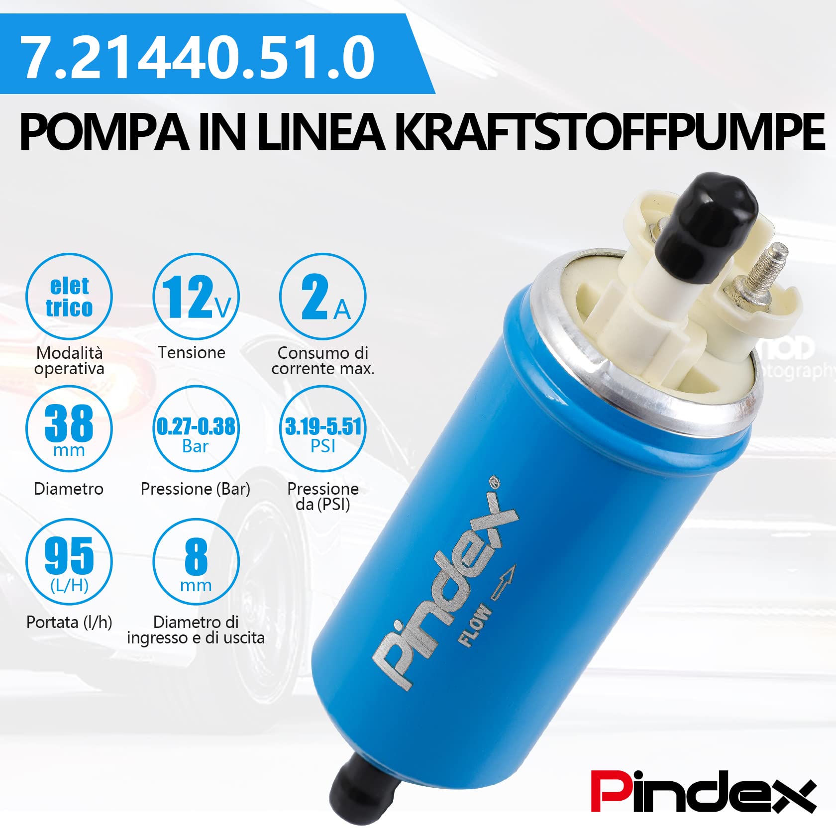 Pindex 7.21440.51.0 Ekectic Pompa Carburante 12V Pompa Benzina,Pompa in Linea 95L/H,2.27-0.38Bar,3.19-5.51Psi,Blu