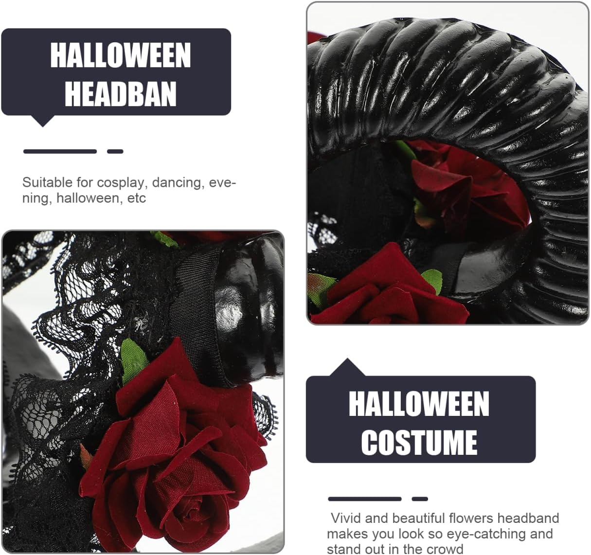 Lurrose Rose Horn Headband Gothic Sheep Horn Lace Headband Devil Cosplay Headpiece Dress up Supplies for Party