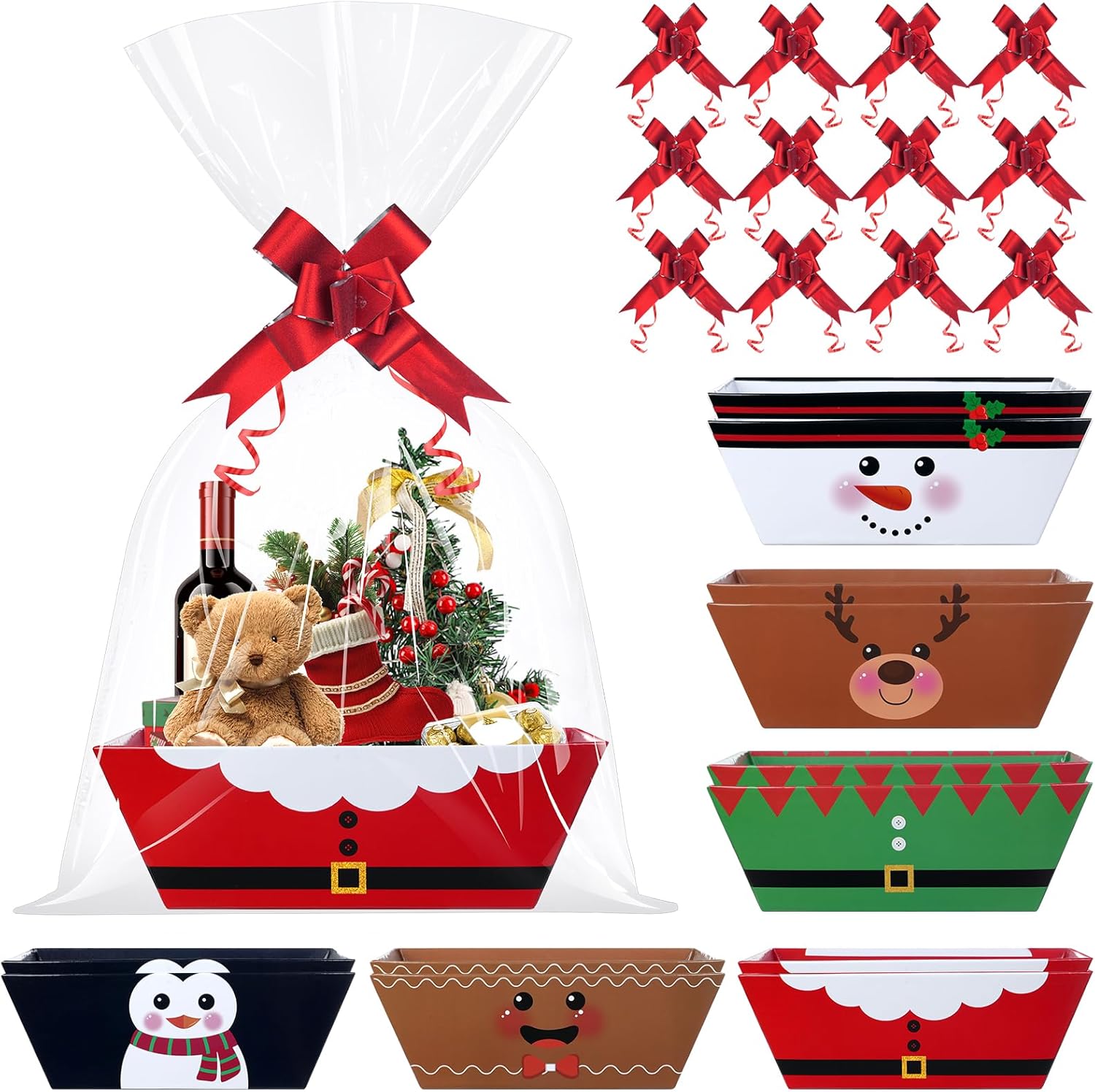 76Pcs 24 Set Christmas Gifts Baskets Bulk with Cellophane Basket Bags and Bows Ribbons,Red Green White Black Empty Christmas Cardboard Gift Box for Xmas Holiday Wedding Birthday Party Decorations