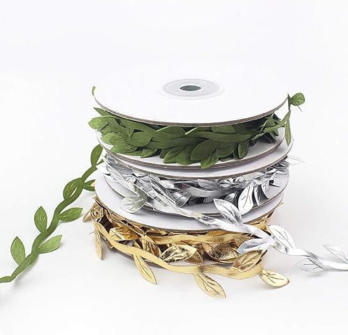 Miniatura 2 de TIHOOD 3 rollos de cintas de hojas de 10 yardas, verde oliva, cinta de hojas doradas, carrete de cinta de hojas plateadas, hojas verdes, corona,