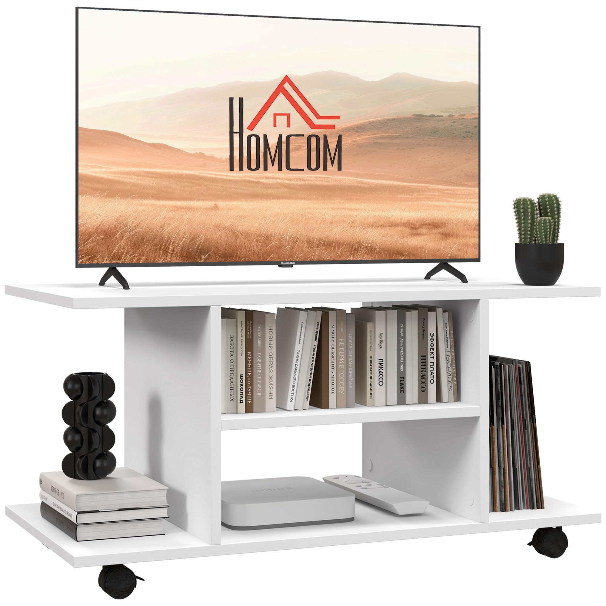 HOMCOM Modern TV Stand Mobile Cabinet - 2 Layer Open Shelf - White