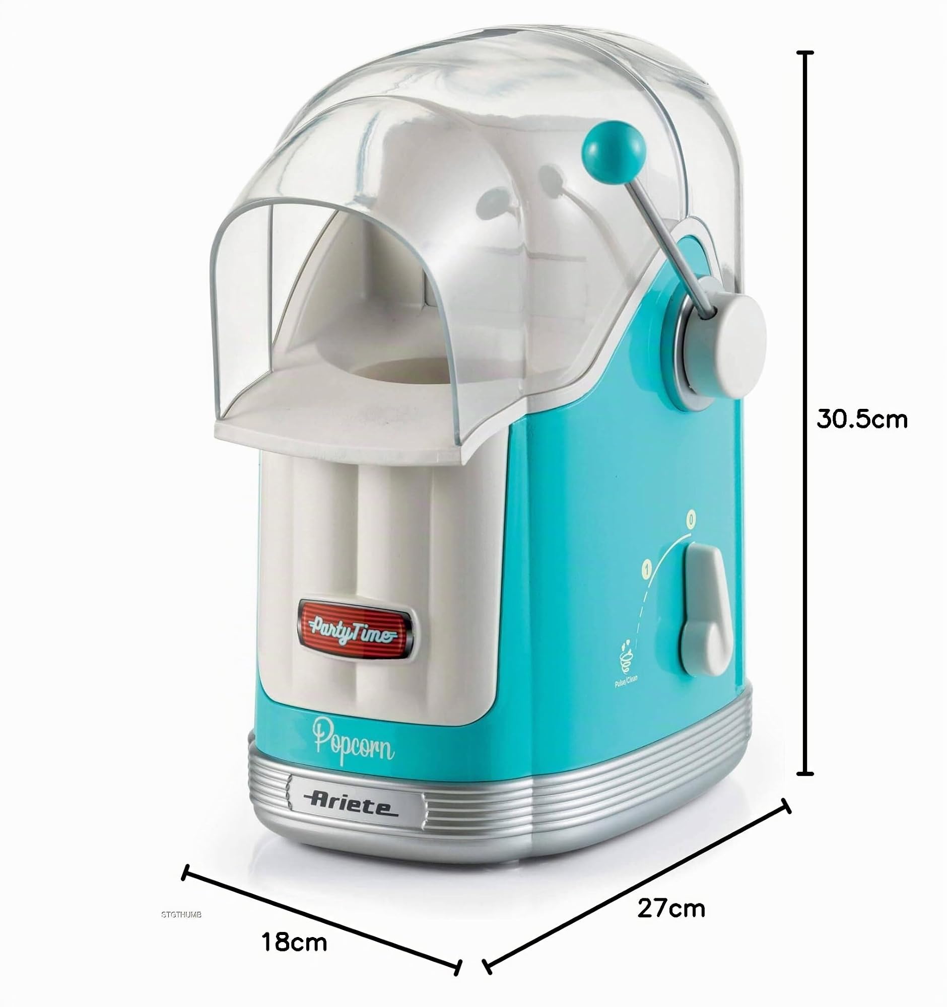Ariete 2958 Pop Corn Maker Party Time, Macchina per pop corn con leva, 1100 Watt, Capacità 600 g, Cottura ad aria calda senza grassi, Celeste