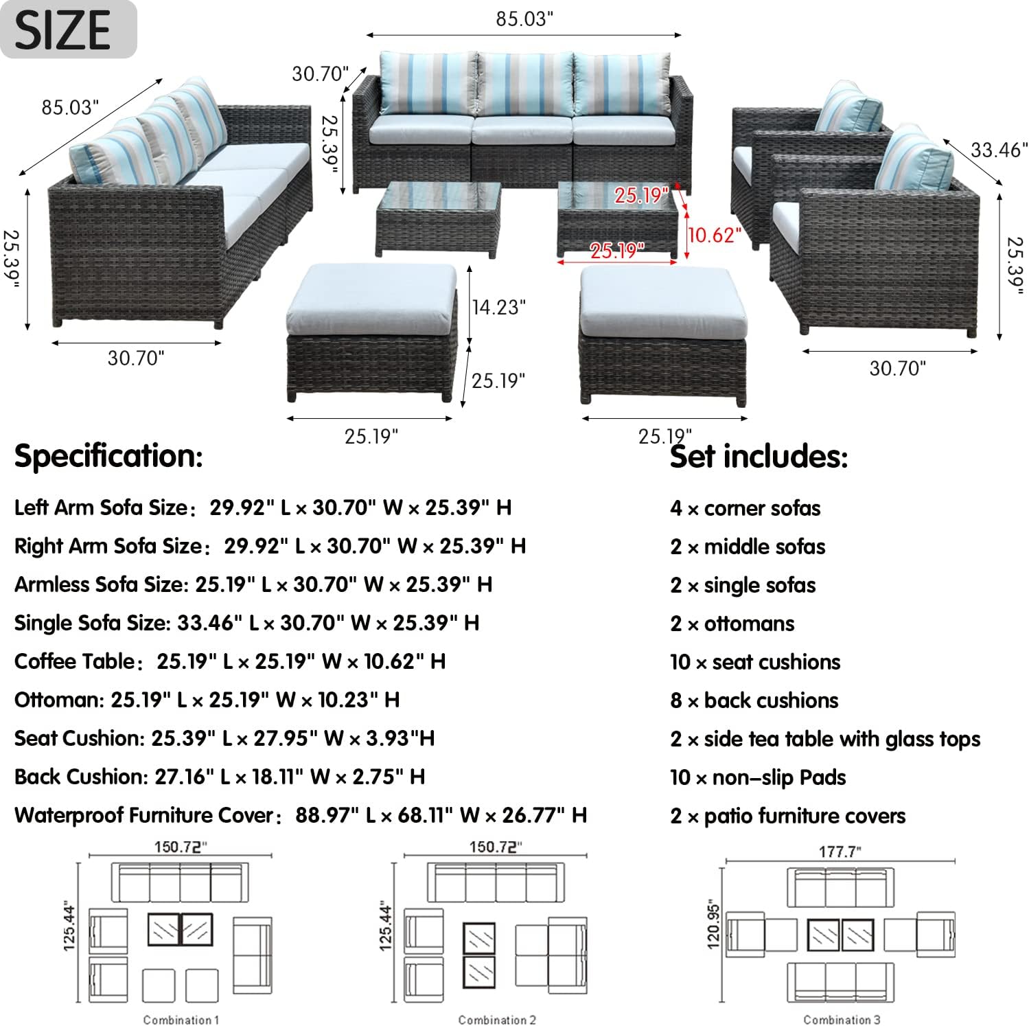 HOOOWOOO 12 PCS Assembled Patio Furniture Outdoor Sectional Sofa Set with Sunbrella Cushion,No Assembly Patio Conversation Set,Aluminum Frame Big Outside Set with Patio Cover,Gray Wicker