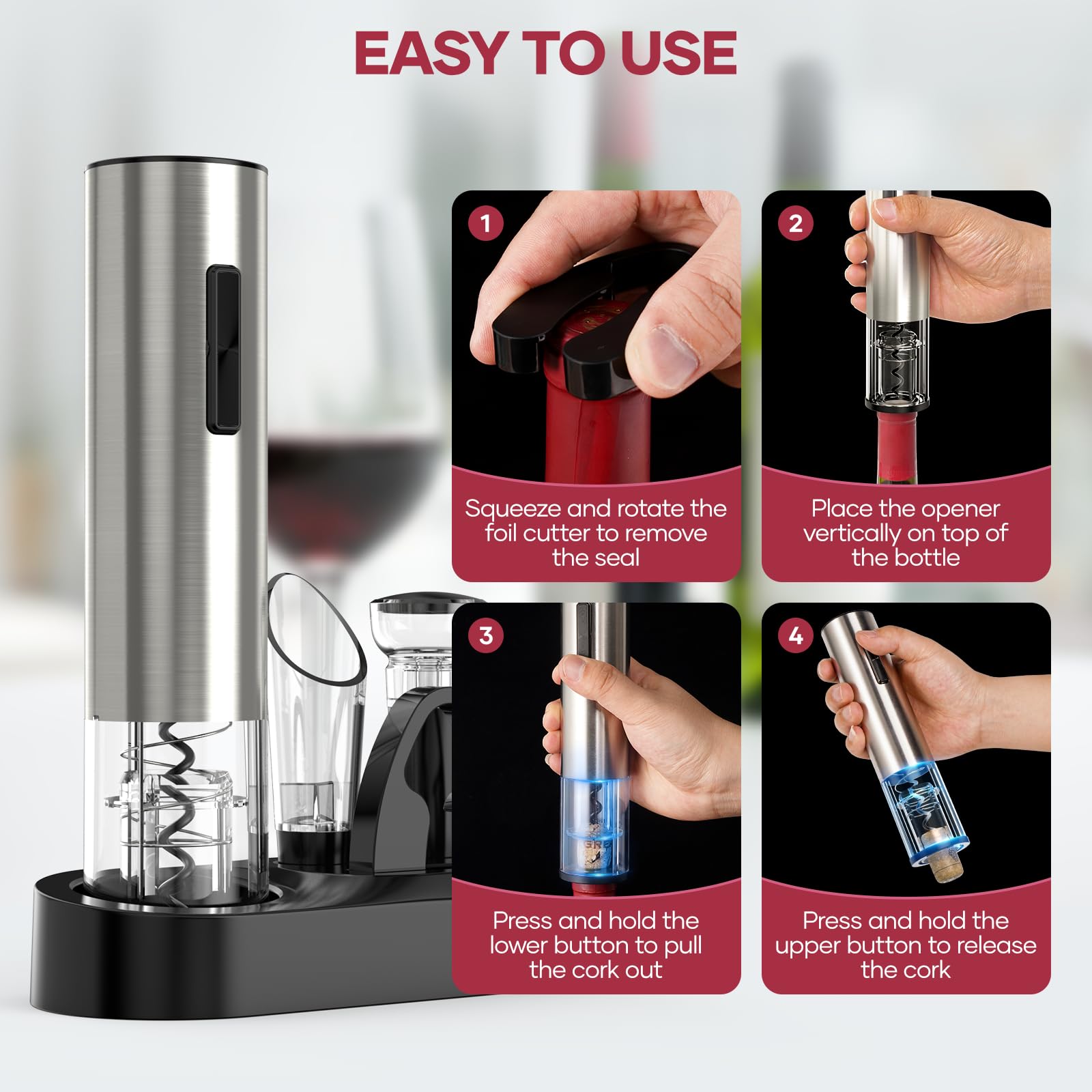 Abrebotellas de vino eléctrico, abridor automático de botellas de vino, sacacorchos eléctrico inalámbrico recargable, juego de regalo con tapón de vino, cortador de lámina, aireador de vino, base de 5