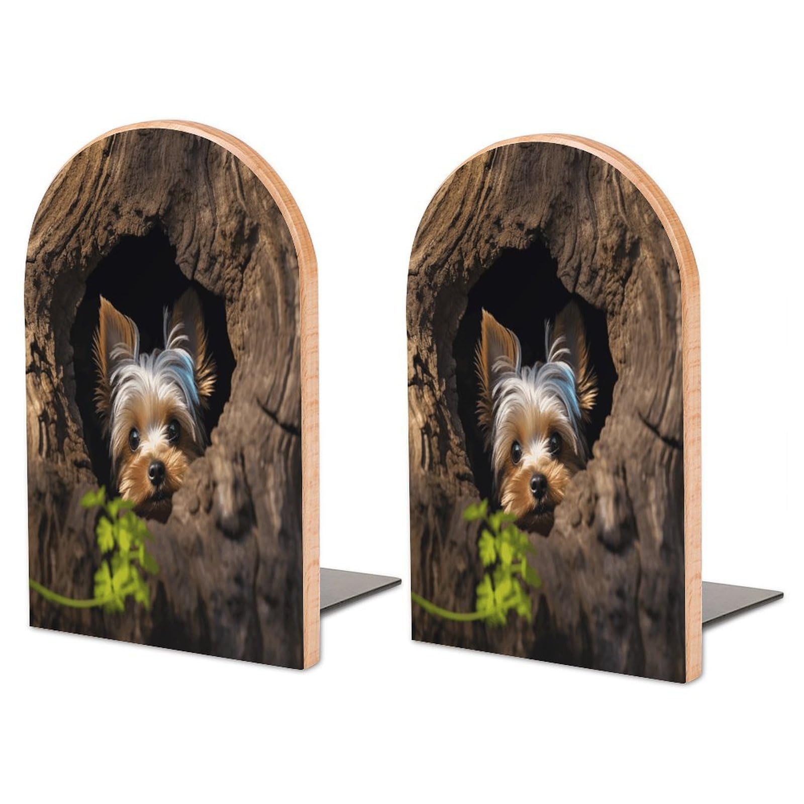Sujetalibros de madera de Yorkshire Terrier con base de metal para estanterías