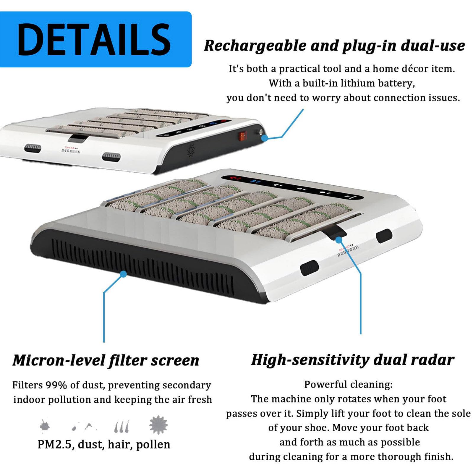 Máquina limpiadora de Suelas Totalmente automática 2 en 1, Cuerpo Ultrafino 5,3 cm, silenciosa para Zapatos de Vestir, Zapatillas Deportivas, Tacones y Pantuflas A