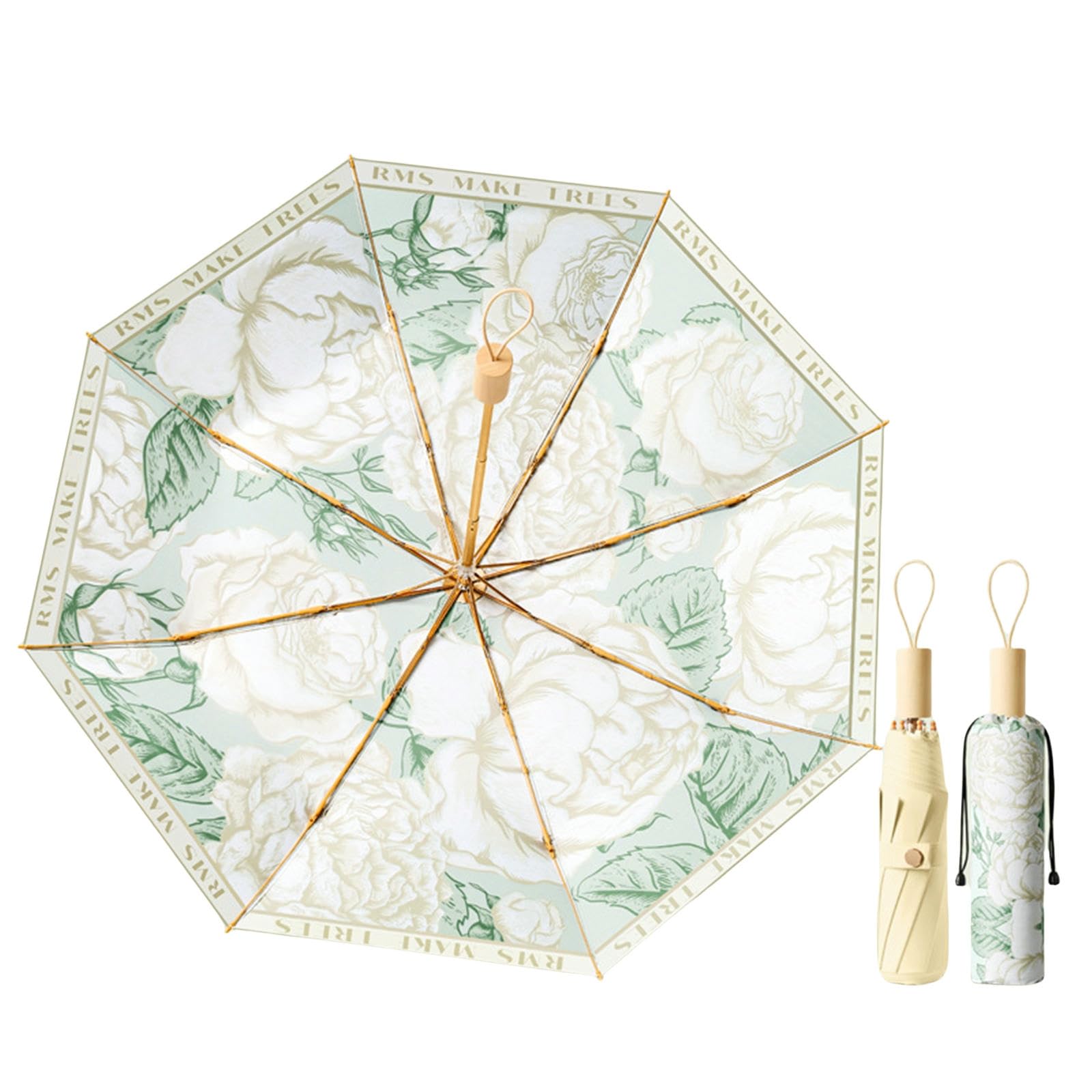 Ombrelle Anti UV Parapluie Umbrella 8 Poignée en Bois Parasol Protection Pliante Mesdames Sunny Trois Fois-Jaune De Jade