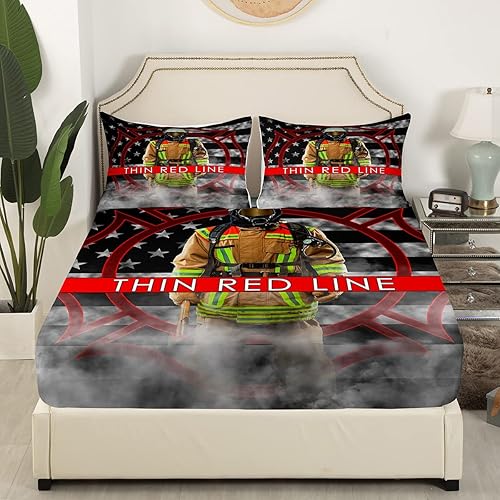 Miniatura 3 de Erosebridal Juego de sábanas de bomberos tamaño individual, sábana encimera de bandera estadounidense para adultos, niños y hombres, sábana de la