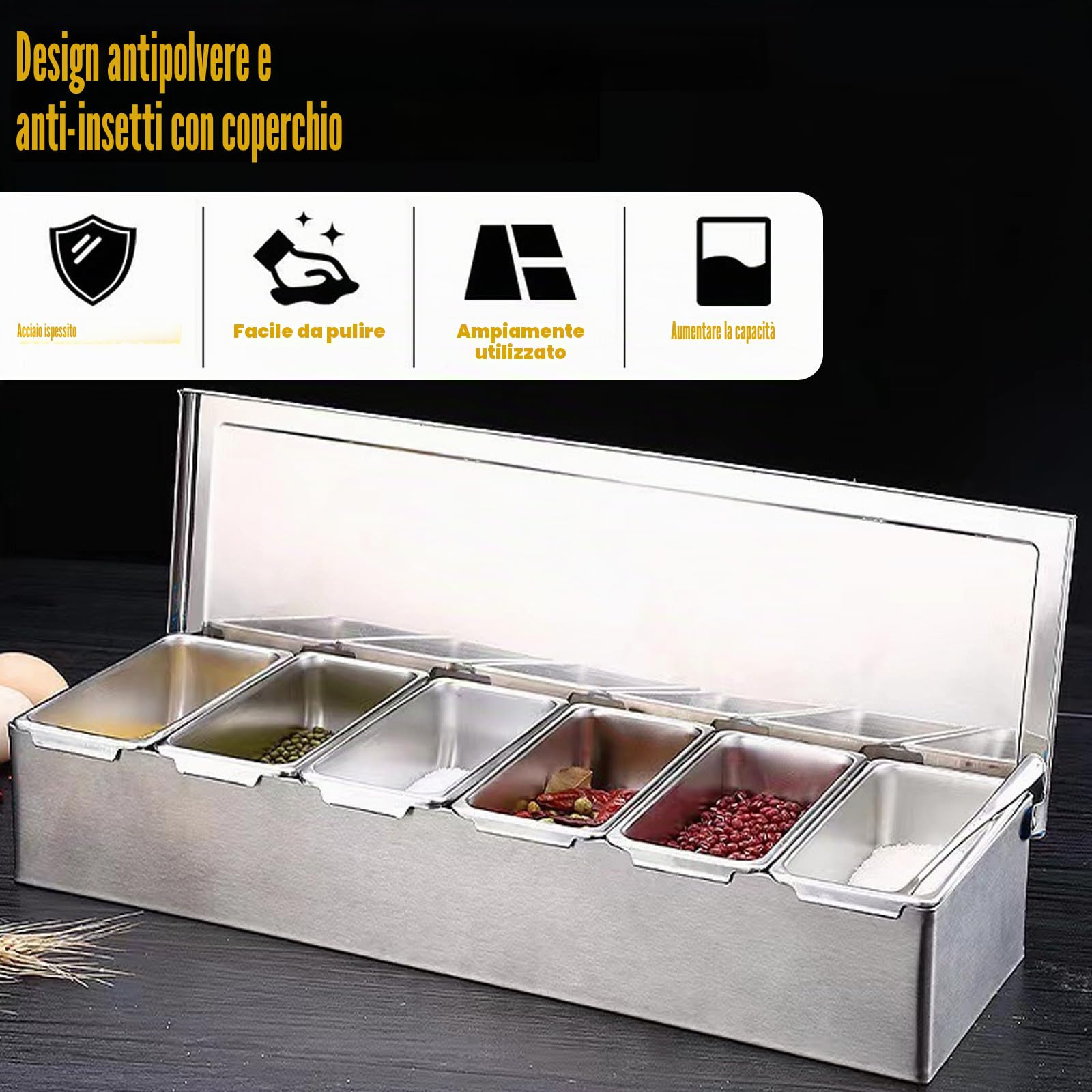 Contenitore per ingredienti di pizza, in acciaio inossidabile, accessori per la gastronomia, 4 griglie, contenitore per spezie, contenitore per barbecue con coperchio, porta-condimenti, bar,