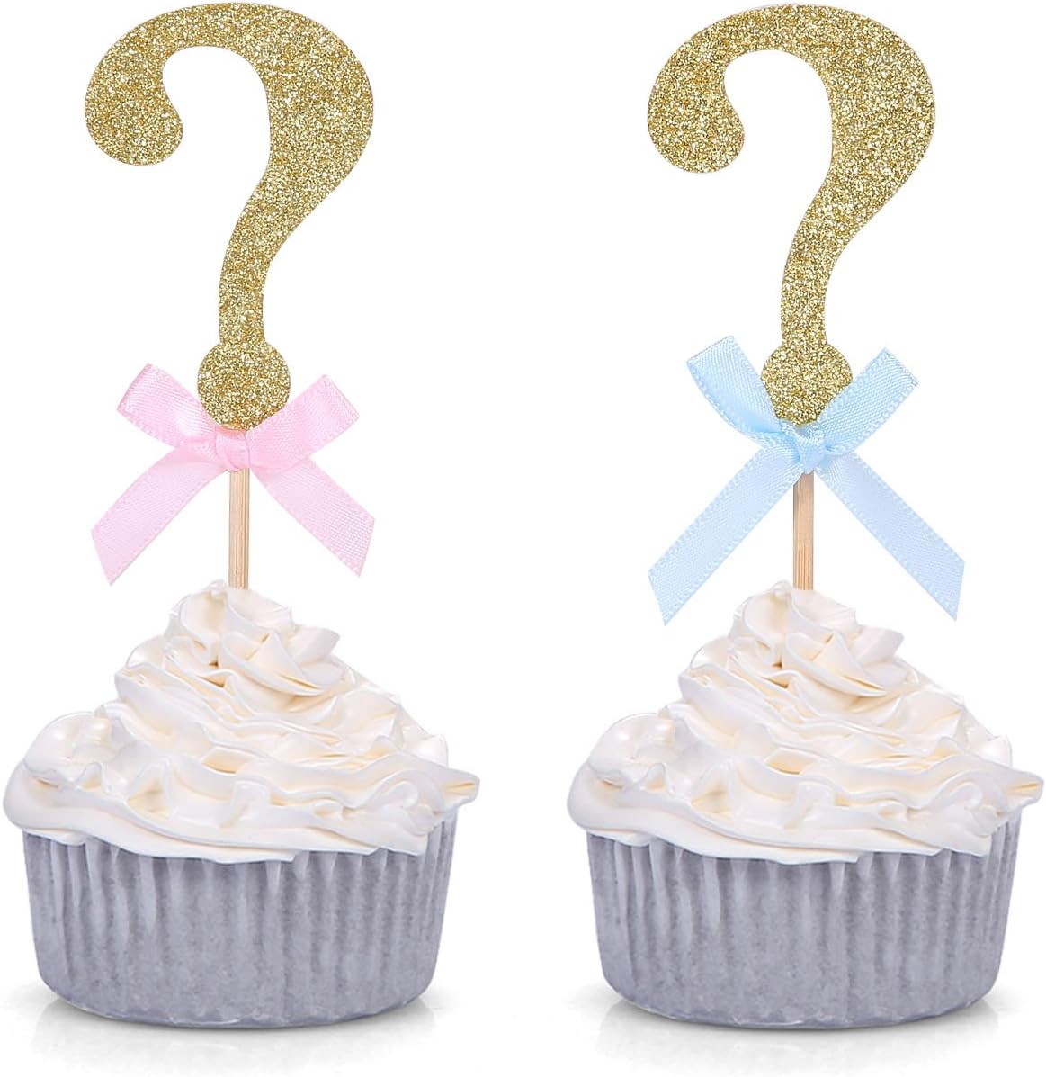24 PCS Gold Glitter Question Mark Cupcake Toppers Gender Reveal Party Decors (with Pink and Blue Bows)