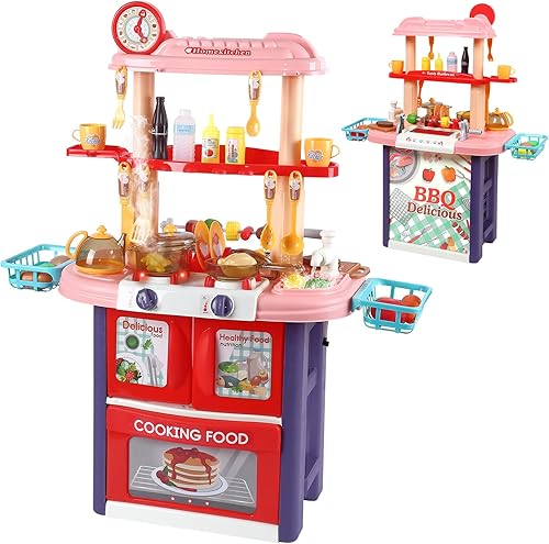 Juego de cocina para niños, 2 en 1, juego de cocina y parrilla de barbacoa, cocina de juguete con agua corriente, vapor, luces y sonidos, juego de