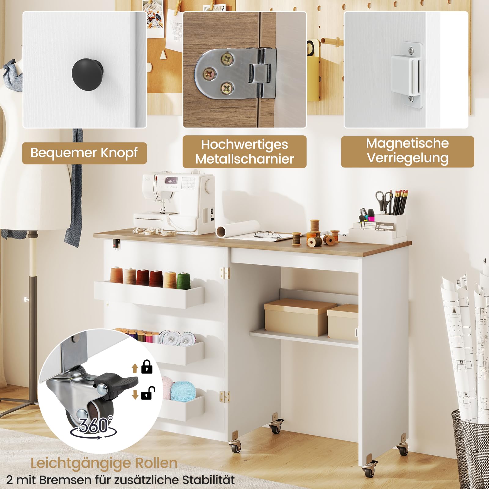 COSTWAY 2 in 1 Nähtisch klappbar, Nähmaschinenschrank aus Holz mit Regalen & Ablagefach, Nähschrank mit abschließbaren Rädern, Nähmaschinentisch Basteltisch für Wohnzimmer, Schlafzimmer (Weiß+Natur)