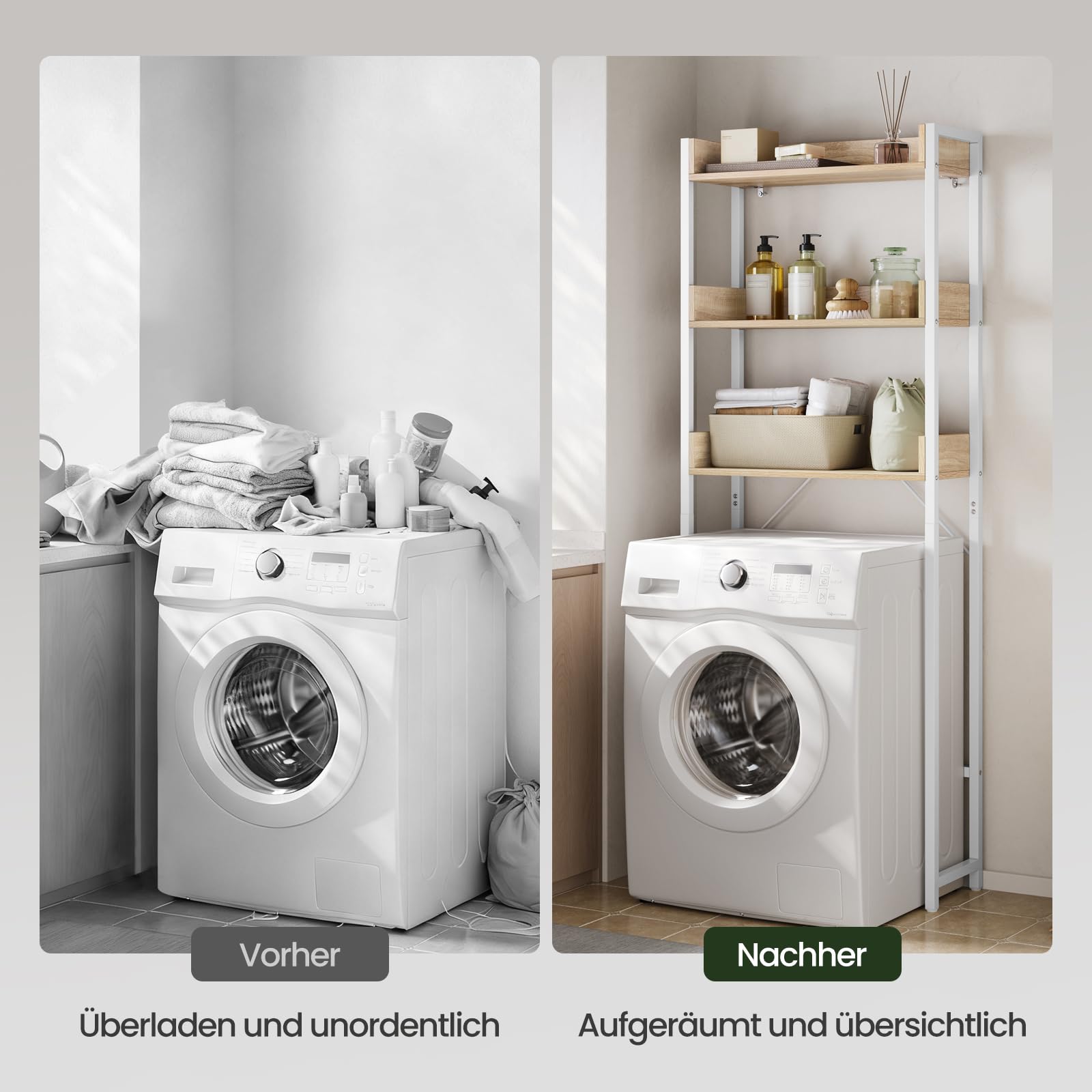 EUGAD Waschmaschinenregal, für Badezimmer Waschküche, Waschmaschinenschrank über Waschmaschine Toilette, mit 3 Ablagen, Platzsparend, Industrie-Stil, 63x166,5x25 cm, Helle Eiche+Weiß