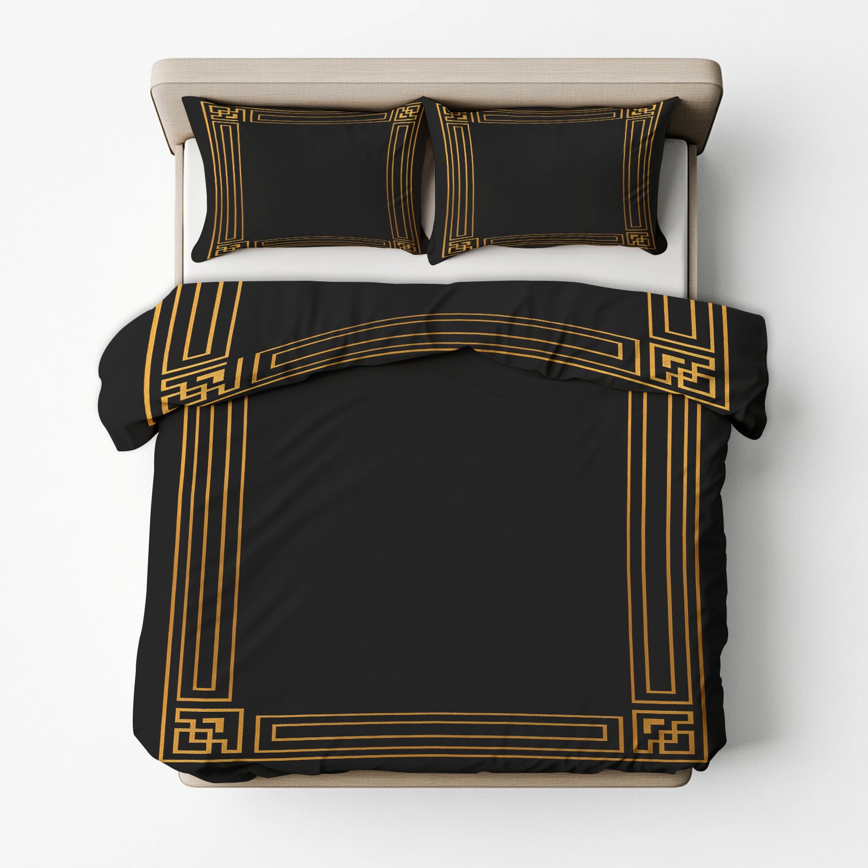 Ethno Bettwäsche 200x200 Mit Einfach Schwarz Gold Muster, Bettbezug Set Bügelfreie Bettwäsche Mit Reißverschluss, Kissenbezug, Ethno Deko