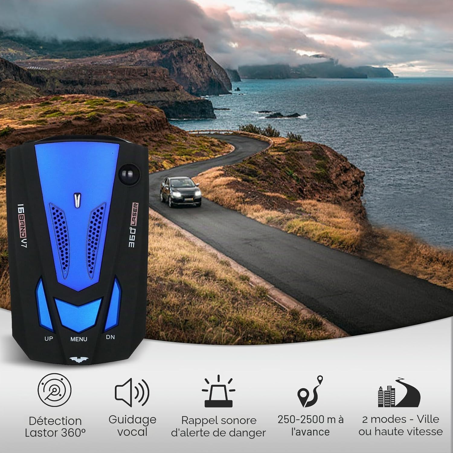 Détecteur de radar de voiture GPS V7 16 bandes, alarme vocale et système d'alarme de vitesse à 360 degrés avec détection, détecteur de radar pour voitures