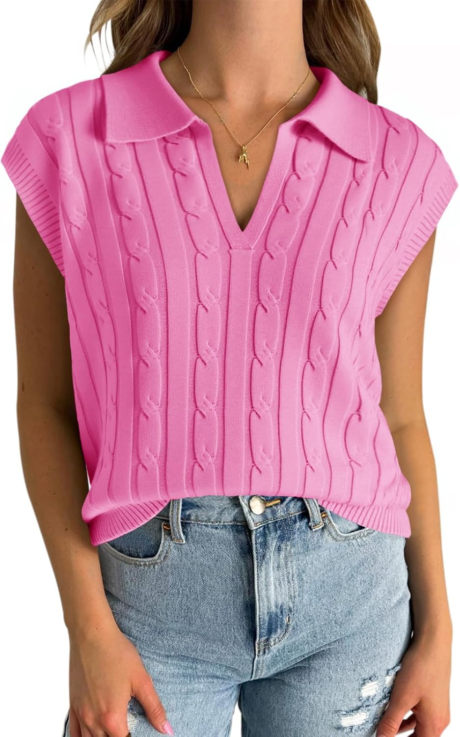 Saodimallsu Womens V Neck Polo Sweater Vest Cable Knit Cap Sleeve Spring Summer Casual Loose Pullover Tops