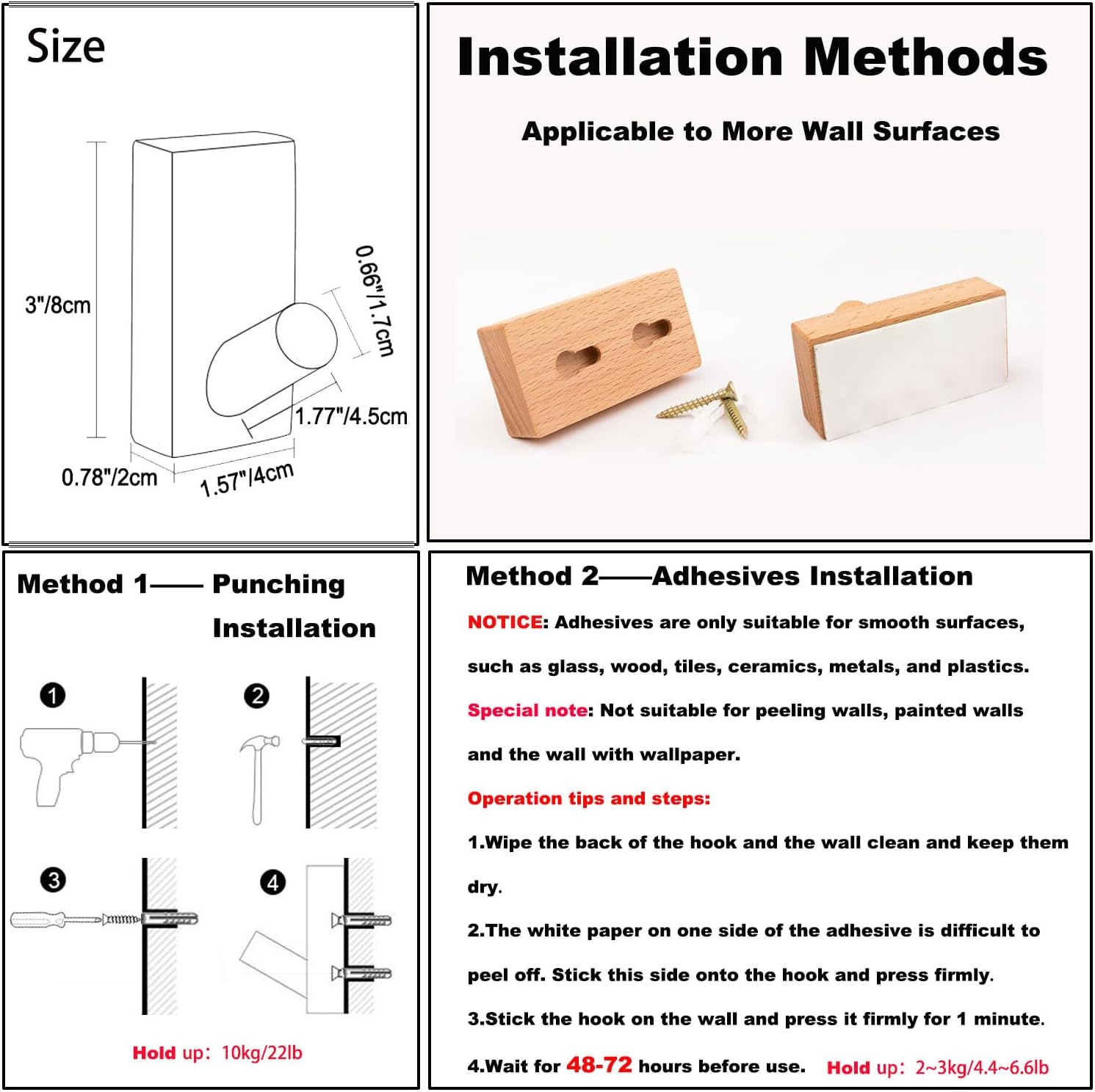 HomeDo Adhesive Wall Hooks Hat Rack, Wooden Coat Hooks Wall Mounted, Decorative Hooks Single Organizer Hat Hanger Towel Rack, Heavy Duty Hooks (Rectangle-Black Walunt,5Pack)