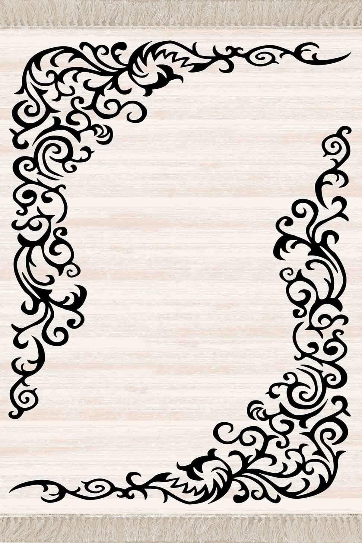 Pelangi Osmanlı Motifler Desenli Dijital Baskı Yıkanabilir Kaymaz Taban Salon Halı Ve Yolluk, Krem-Siyah 160 x 230