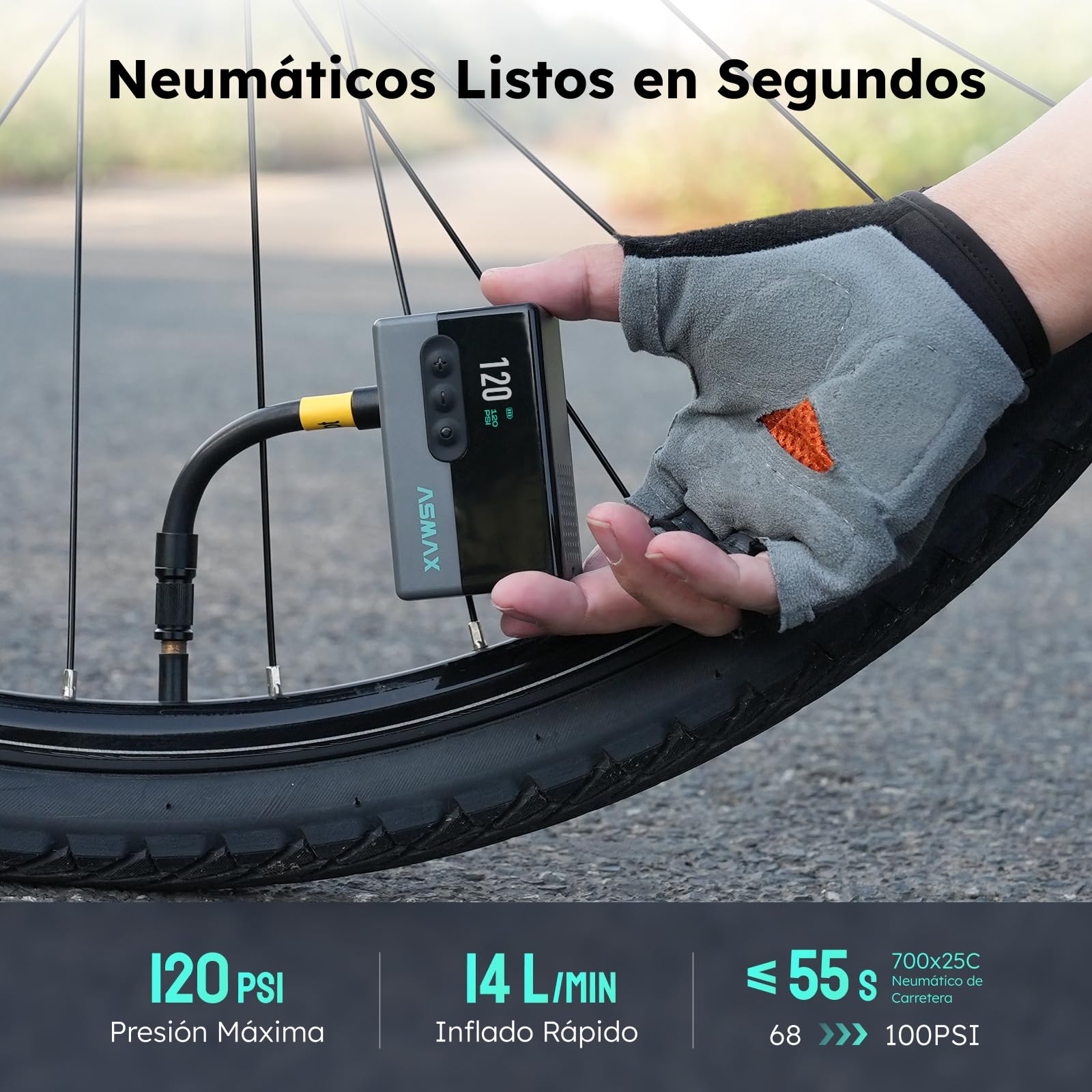 ASMAX T30 Mini Bomba de Bicicleta, 120 PSI,Válvula Schrader y Presta | Inflador Electrico Bicicleta, Pantalla LCD, Batería Recargable, Apagado Automático, Bolsa de Almacenamiento