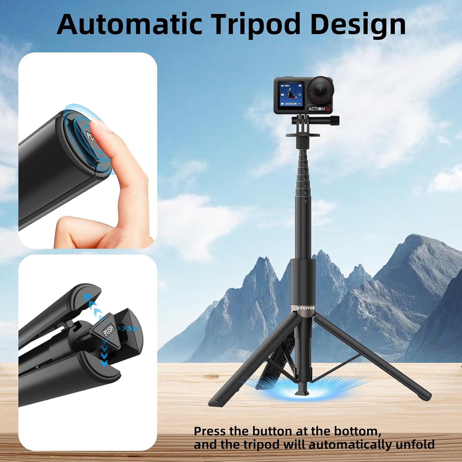 65 "Auto‑Open Invisible Selfie Stick Tripod for Insta360, GoPro, DJI