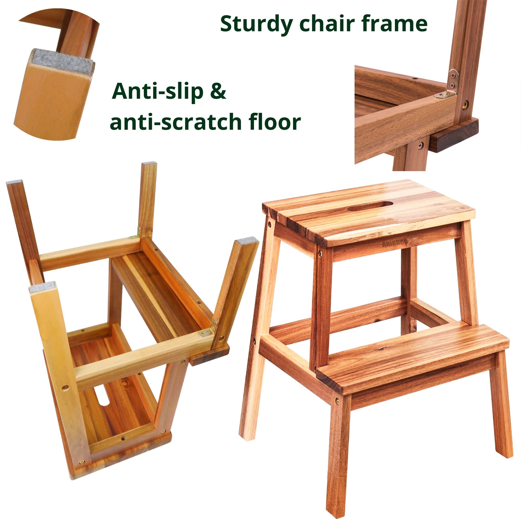 Wooden Step Stools 2 Steps Stool for Adult Kid Toddler in Bathroom with Anti-Slip Frame Portable Stepping Stool Heavy Duty Multi-Purpose by Amebee for Kitchen Bedside Bathroom, 250lb Capacity (Wood)