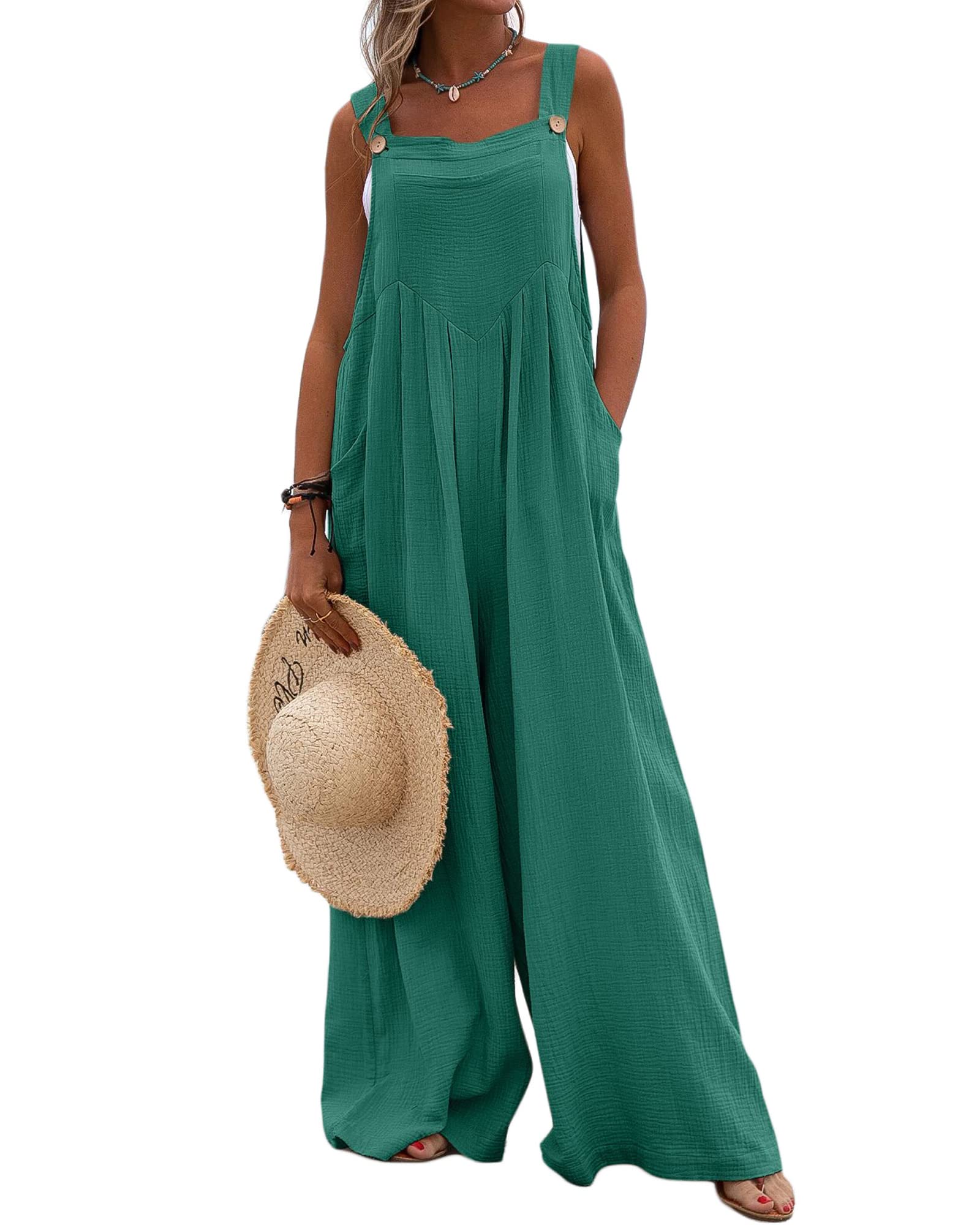 SANSIWUWomen's Suspender Wide Leg Jumpsuit Baggy Square Neck Sleeveless Playsuits Boho Retro Solid Workwear Wide Leg Pants with Pockets