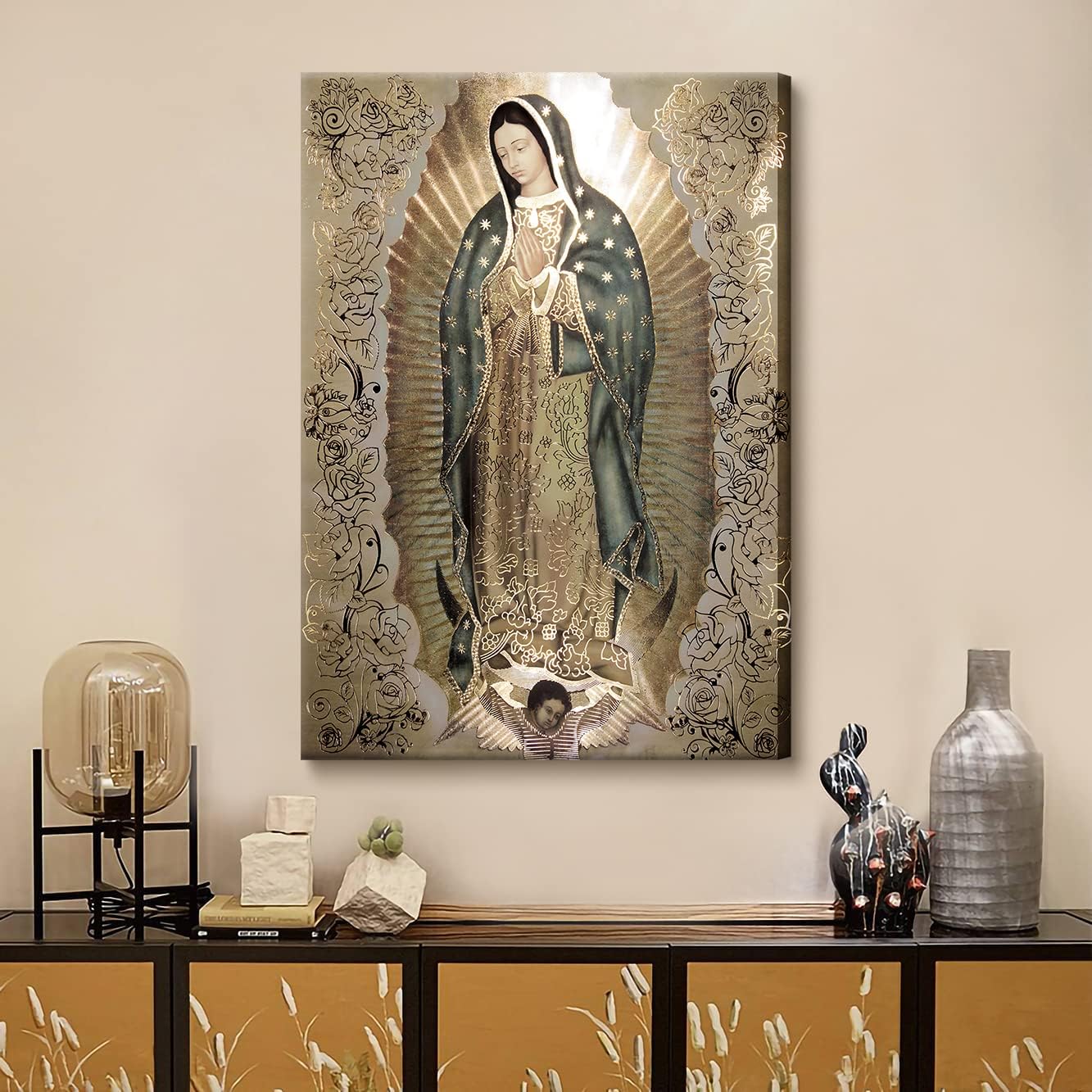Large Framed Our Lady of Guadalupe Portrait Canvas Wall Art Decor Virgin Mary Wall Art Virgen De Guadalupe Cuadros De La Virgen De Guadalupe Poster Prints Pictures Artwork Painting Sculpture Catholic