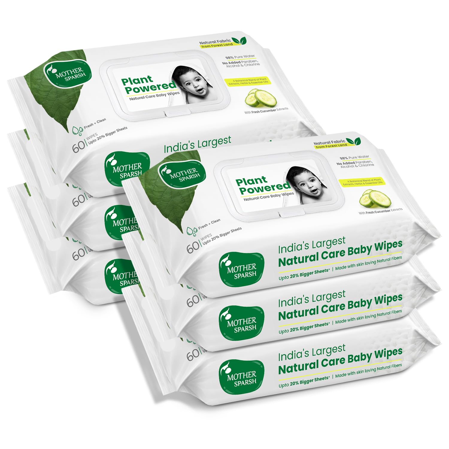 Mother Sparsh Natural Care Baby Wipes 60 Pcs (Pack of 6) I 100% Plant Made Fabric from Forest Land | Fresh+Cleanse (with Cucumber) Plant Powered Wet Wipes for Baby I Cotton Cloth Like Bigger Sheets (B0CPSL7HKH) Amazon Price History, Amazon Price Tracker