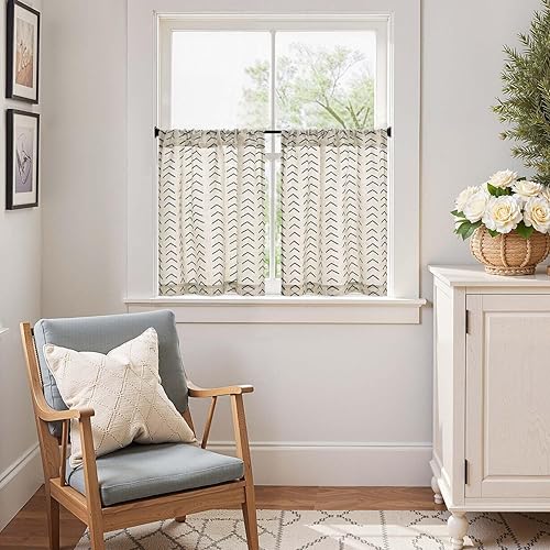 Miniatura 3 de jinchan Cortinas náuticas de lino a rayas de 24 pulgadas, cortinas de estilo rústico para cocina, cafetería, sala de estar, baño, lavandería,