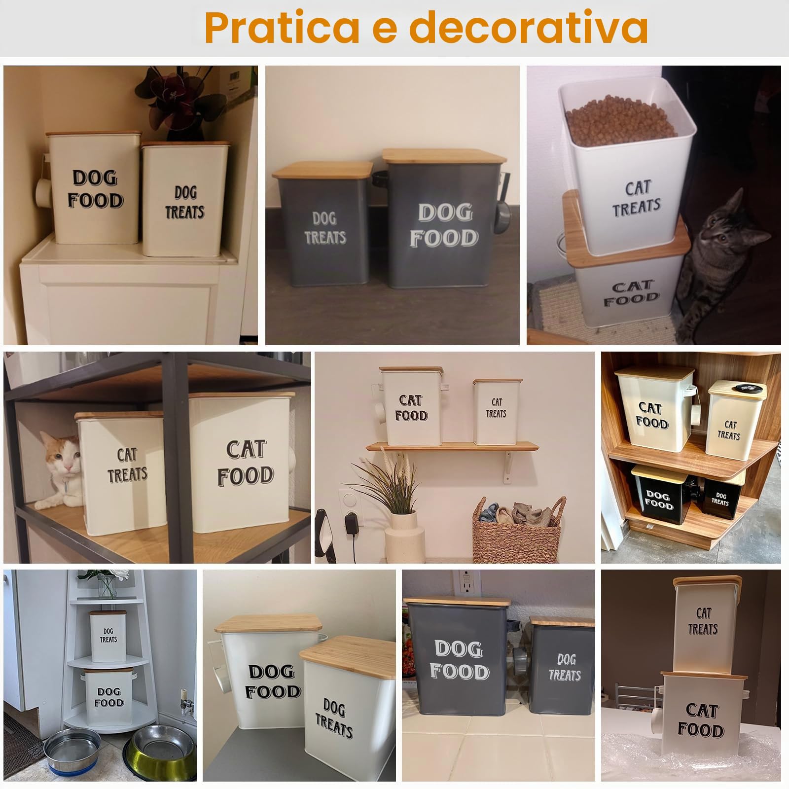 Pethiy Set di contenitori (2 pz) per alimenti per animali domestici, in acciaio al carbonio rivestito, coperchio in legno a tenuta stagna, con paletta, per Cibo secco per Cani-Nero