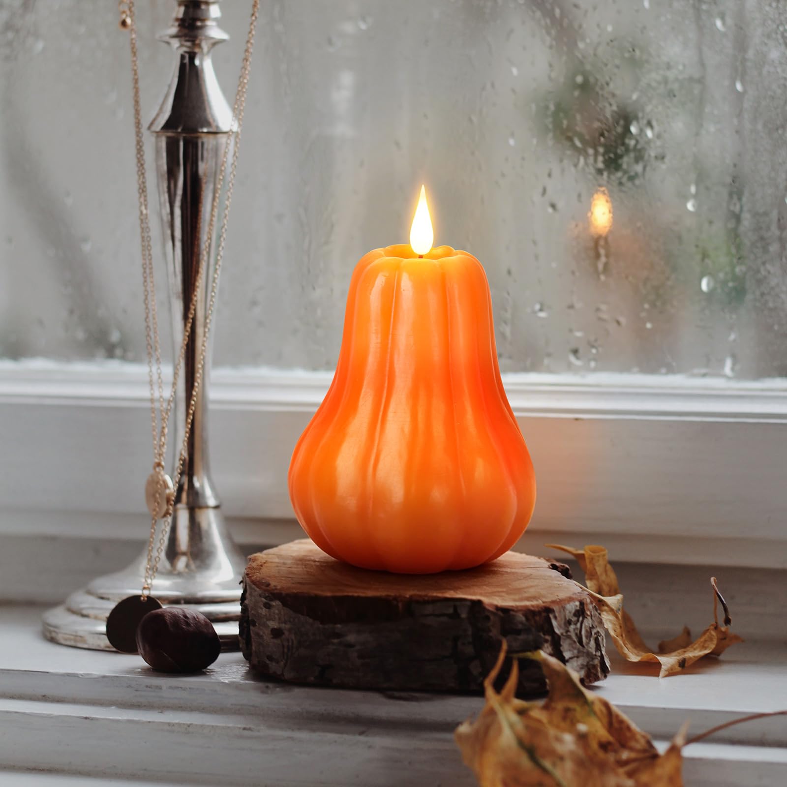 Confezione da 1 candela a forma di zucca senza fiamma, candela LED tremolante, candela a batteria, vera cera, decorazione per la casa, Halloween, Ringraziamento e autunno, candele senza