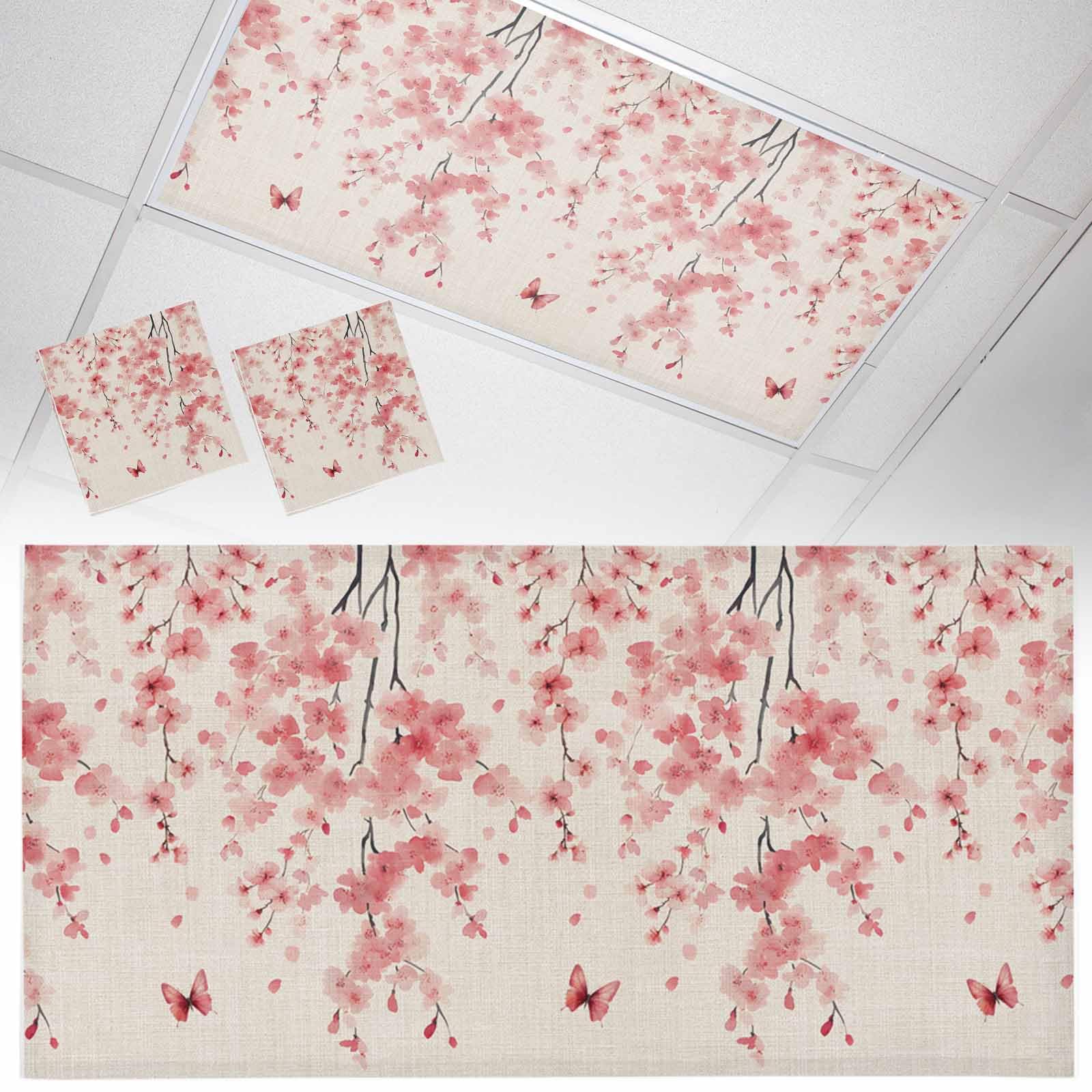 Wowouhiya 2 Pack Fluorescent Light Cover for Ceiling Lights, Pink Floral Blossom Magnetic Classroom Light Filters 4x2 Feet, Spring Pastoral Botanical Vintage Decorative Ceiling Shade Panel for Office