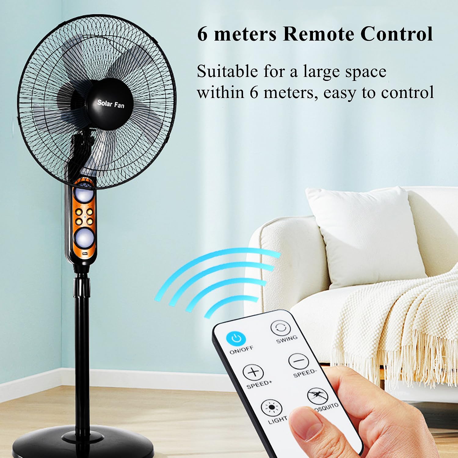 Outdoor Cordless Solar Fan w/Remote & Light, Solar Rechargeable Pedestal Fans, Oscillating Floor Fan 4-Speeds Standing Fan for Camping Beach Hostel Picnic Fishing Market