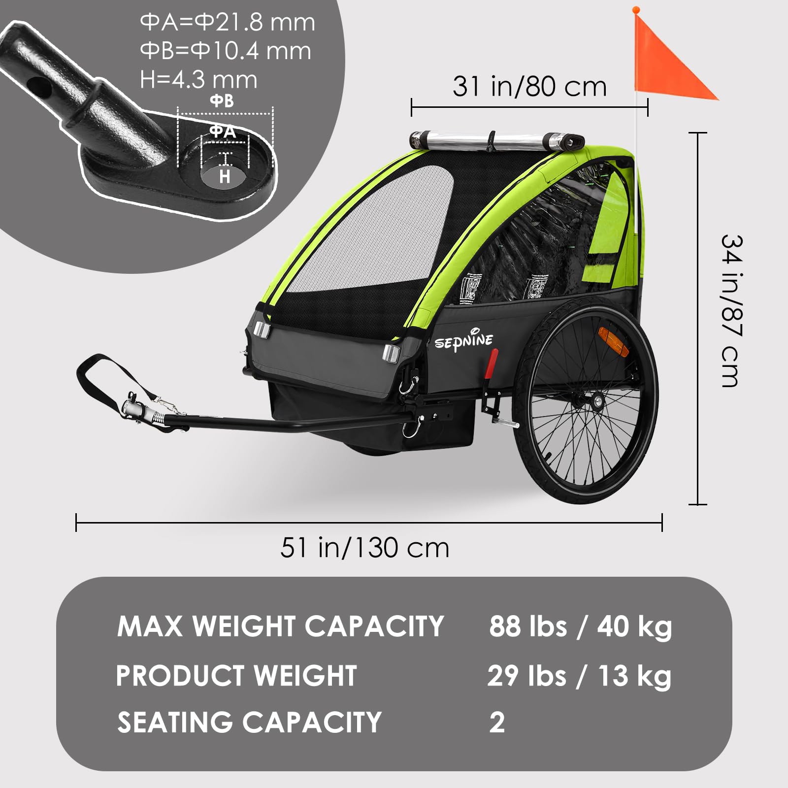 SEPNINE Rimorchio per bambini, a due posti, per fuoristrada, cinture di sicurezza integrate, pieghevole con freno a mano, per 1-2 bambini, max. 40 kg