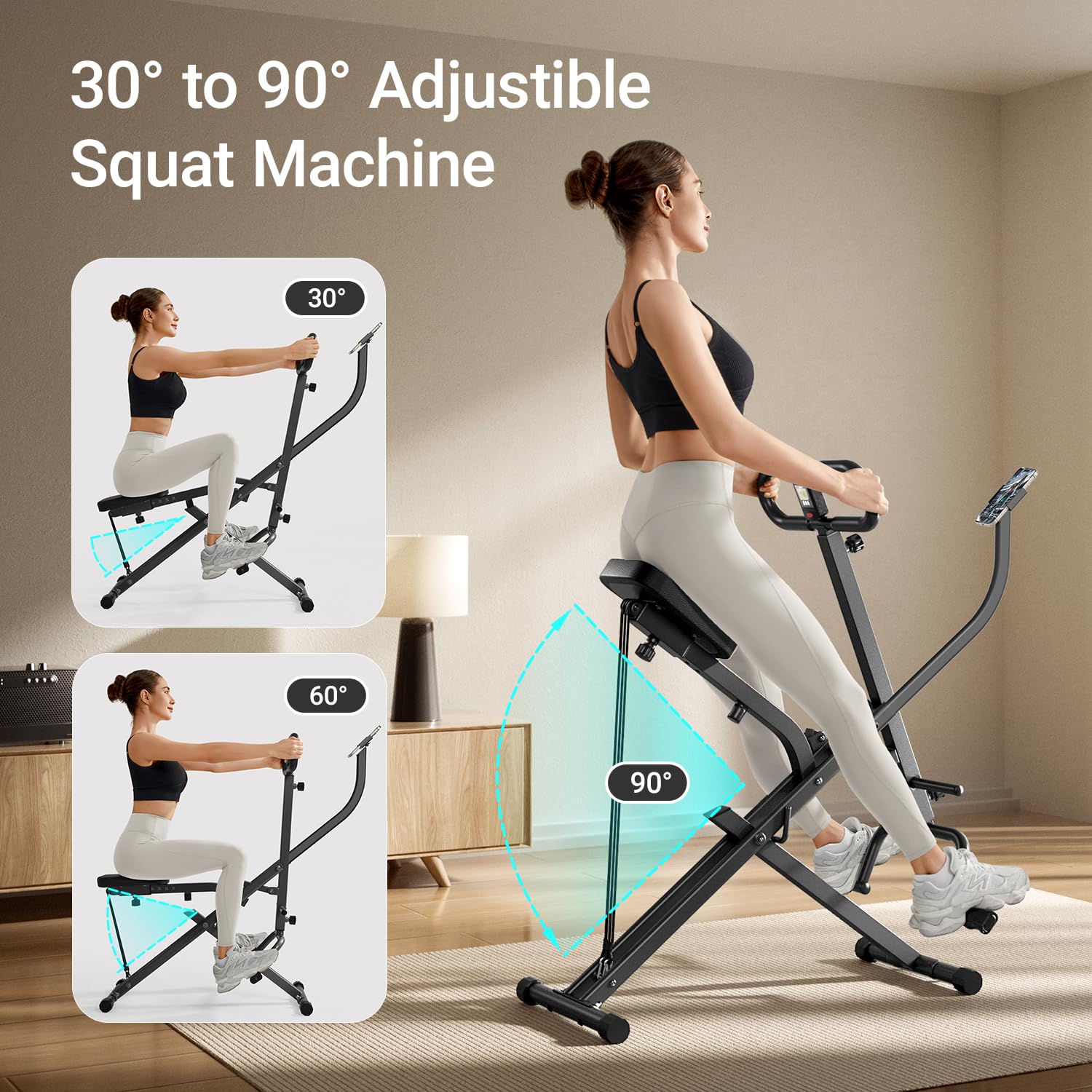 UMAY Squat Machine with Phone Holder, Foldable Exercise Equipment for Home, Squat Rowing Machine with 3 High-Strength Resistance Band, Squat Assist Trainer for Arm, Glute & Leg Workout (Black)