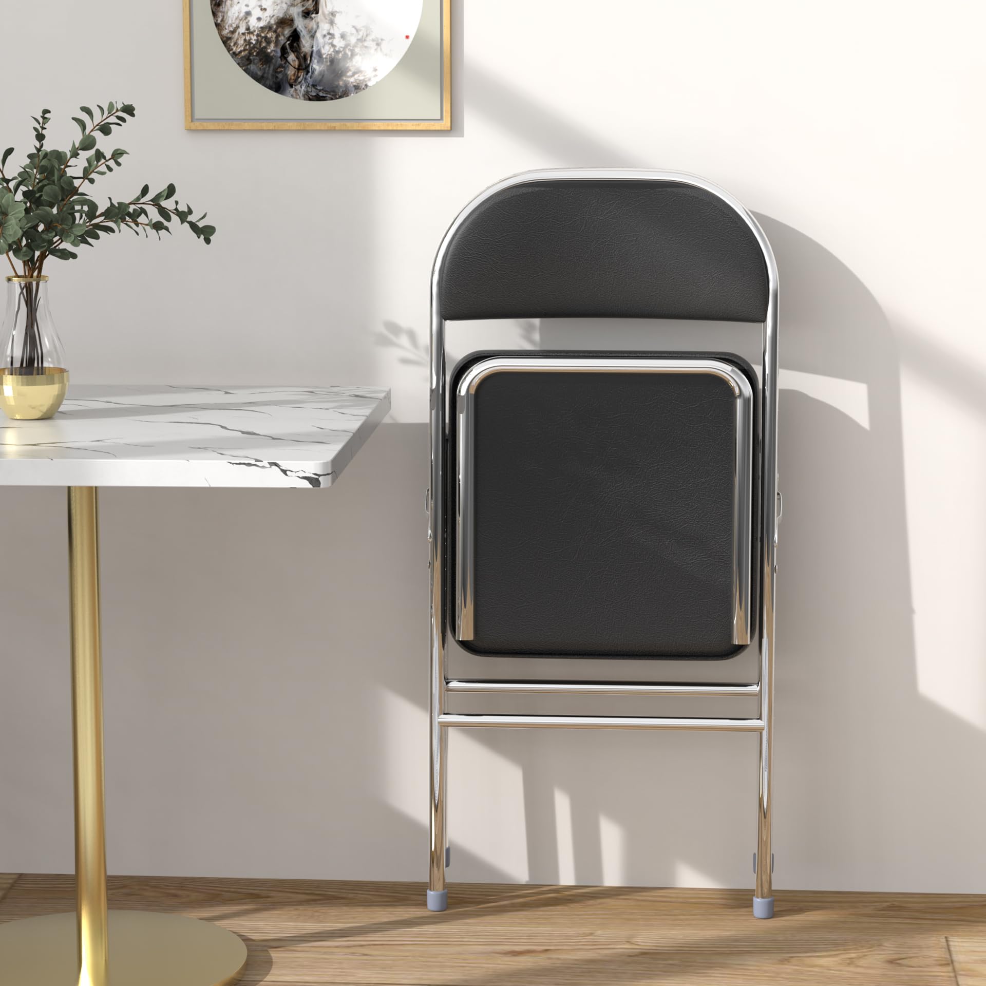 Lot de 4 Chaise Pliante, Chaises de Salle à Manger en PU, Cadre en métal, avec Dossier, 46x41x80.3cm, pour Salon, Bureau, Salle à Manger, Noir