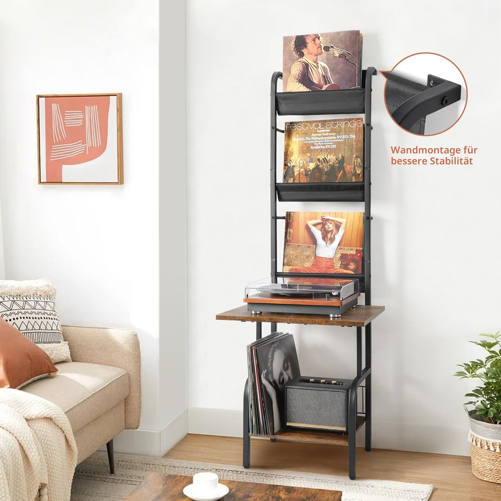 Bikoney Plattenspieler Schallplatten Aufbewahrung PlattenspielerStänder Schallplattenspieler-Tisch mit Vinyl-Schallplatten-Aufbewahrung für bis zu 200 Alben Schallplatten Wandhalterung Vinyl Display