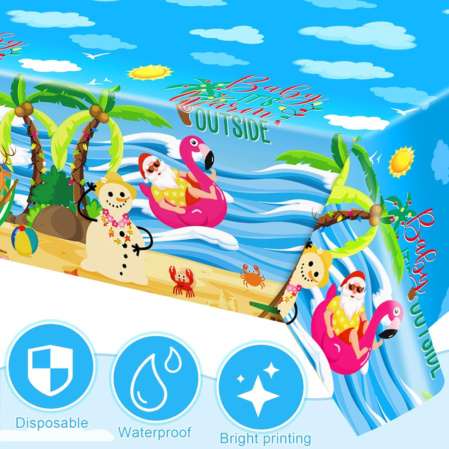 Teenyyou 3 Pcs Summer Christmas Tablecloth Christmas Decorations Beach Party Supplies Baby It's Warm Outside Tablecloth Disposable for Hawaiian Beach Decorations