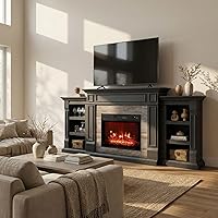 Vista 3 de LGHM Chimenea eléctrica de 72 pulgadas con repisa, soporte de TV para televisores de hasta 80 pulgadas, moderno centro de entretenimiento negro