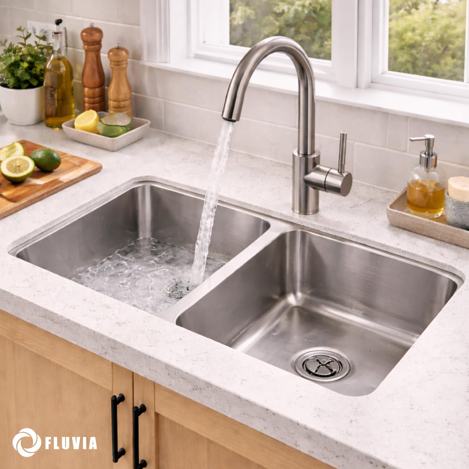 Sifón Doble Curvo para Fregadero 2 senos, Desagüe de Cocina, PVC Blanco, Sistema de Drenaje con Conexión Múltiple — view 4