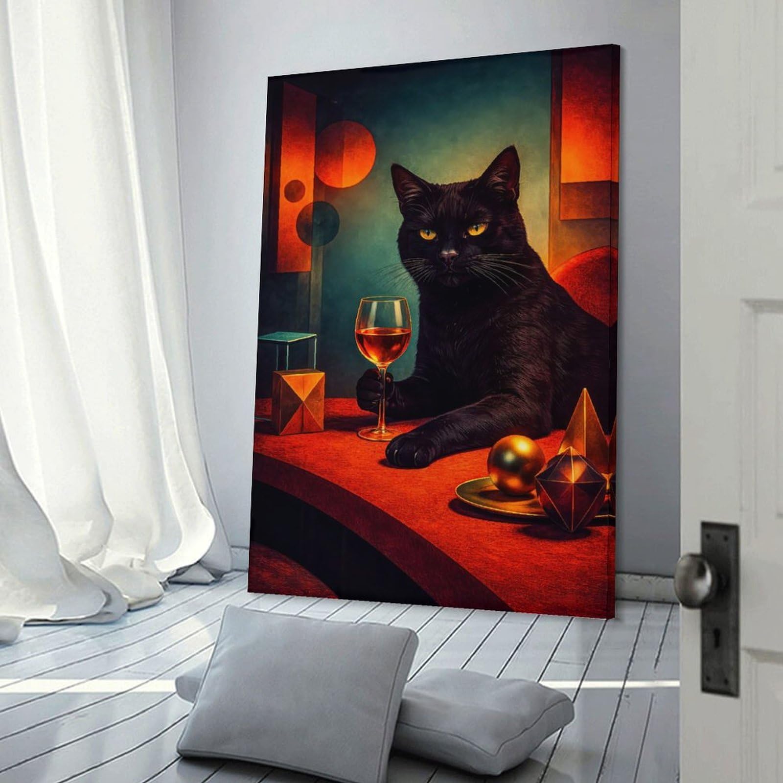 Junmoney Black Cat with Wine Canvas Art Print 24x36inch(60x90cm), for Front Hall, Corridor Or Welcome Spaces, Home Artwork for First Impressions