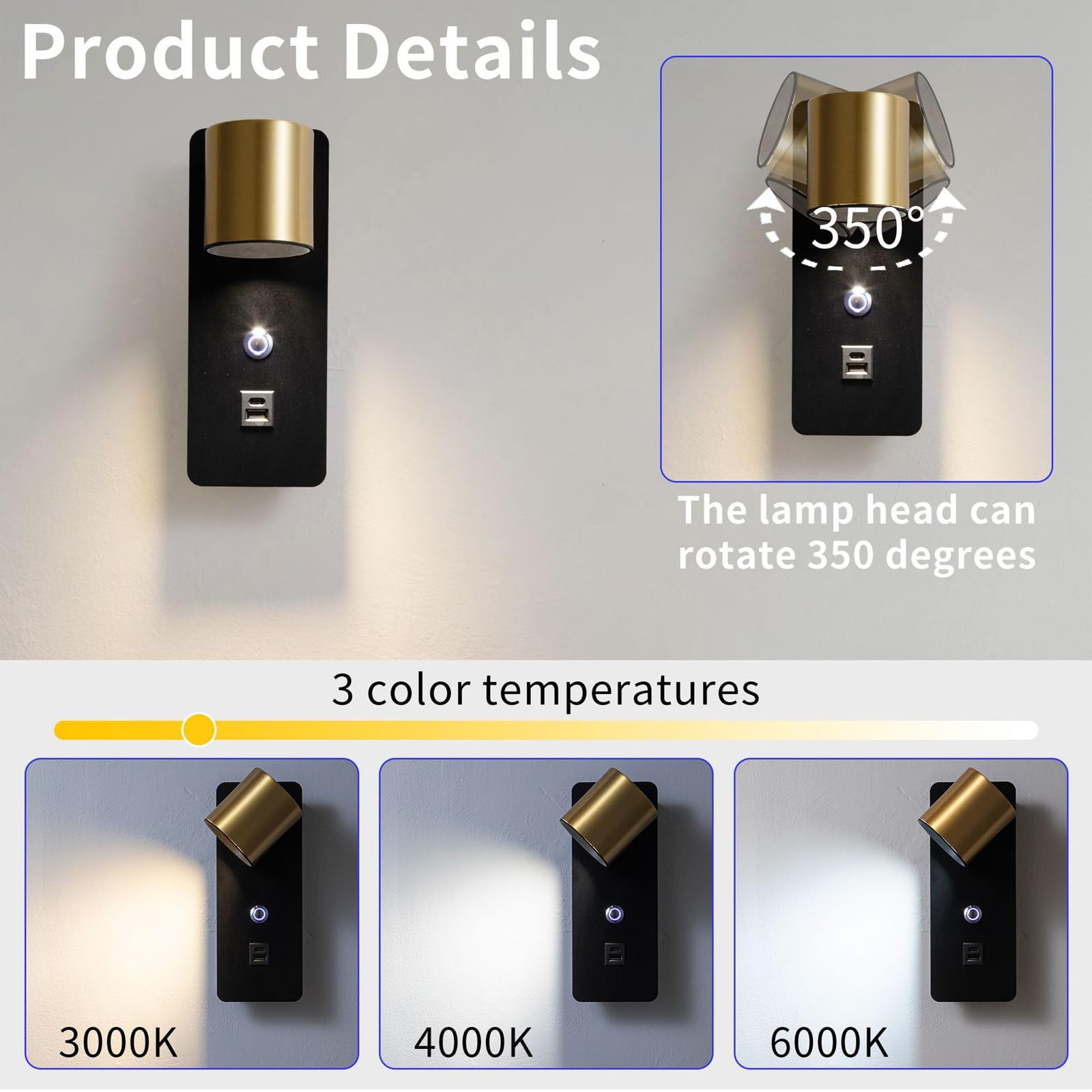 Interni Lettura LED Applique da Parete con Tattile Controllo Interruttore Luce da Parete 3000K/4000K/6000K Dimmerabile Lampada da Parete con USB Ricarica Porte per Corridoio (Oro)