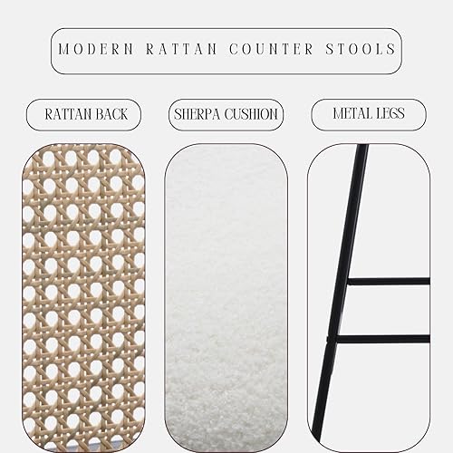 Miniatura 3 de QUNINJAY - Juego de 2 taburetes de bar de ratán de 26 pulgadas, modernos taburetes de mostrador con respaldo de bastón, sillas de bar de comedor de