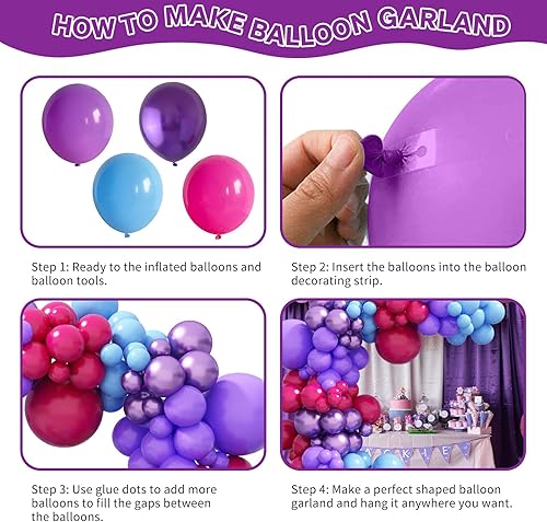 Miniatura 5 de Kit de arco de globos morados, kit de guirnalda de globos morados y rosa intenso, 99 globos morados metálicos, kit de guirnalda de globos de látex