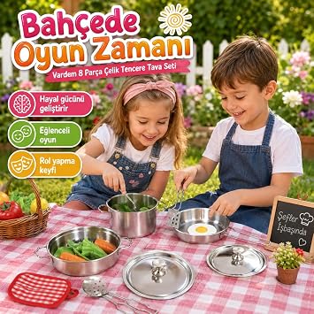 VARDEM 8 Parça Çelik Tencere Tava Seti, Çocuklar İçin Metal Mutfak ve Evcilik Oyun Seti ATF-1818-3