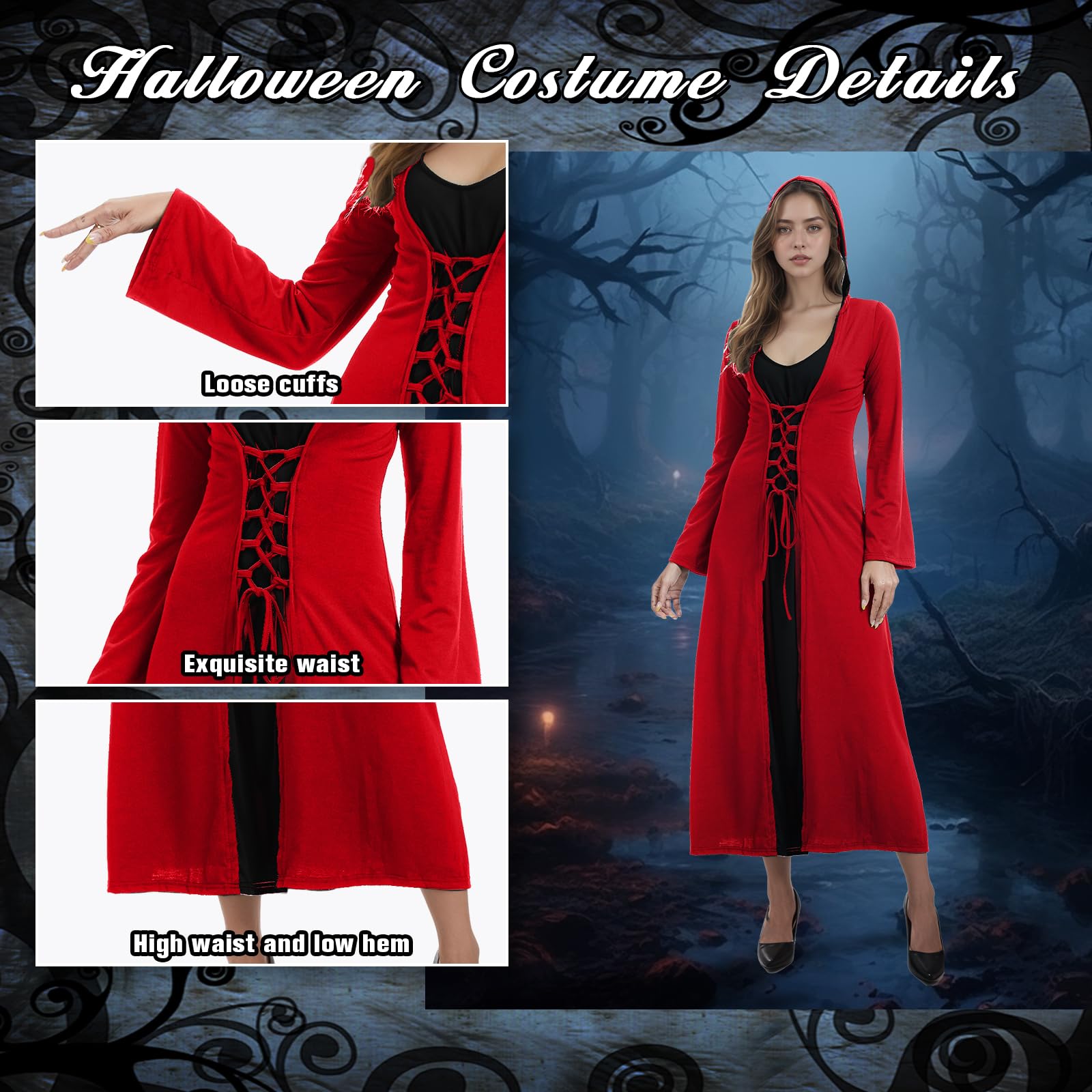 Damski kostium na Halloween, dla dorosłych, średniowieczny, z kapturem, sukienka maxi dla kobiet, modna szata Cosplay (M, czerwona i czarna)