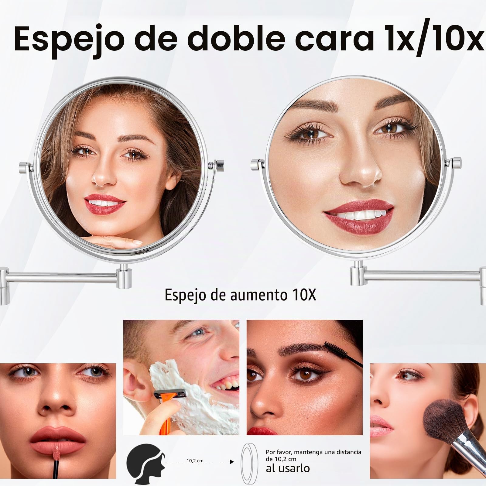 Nicesail Espejo Maquillaje Pared Extensible - Espejo de Aumento x10 Plata - 360° Giratorio - Doble Cara - para Afeitar Baño,Diámetro 20 cm