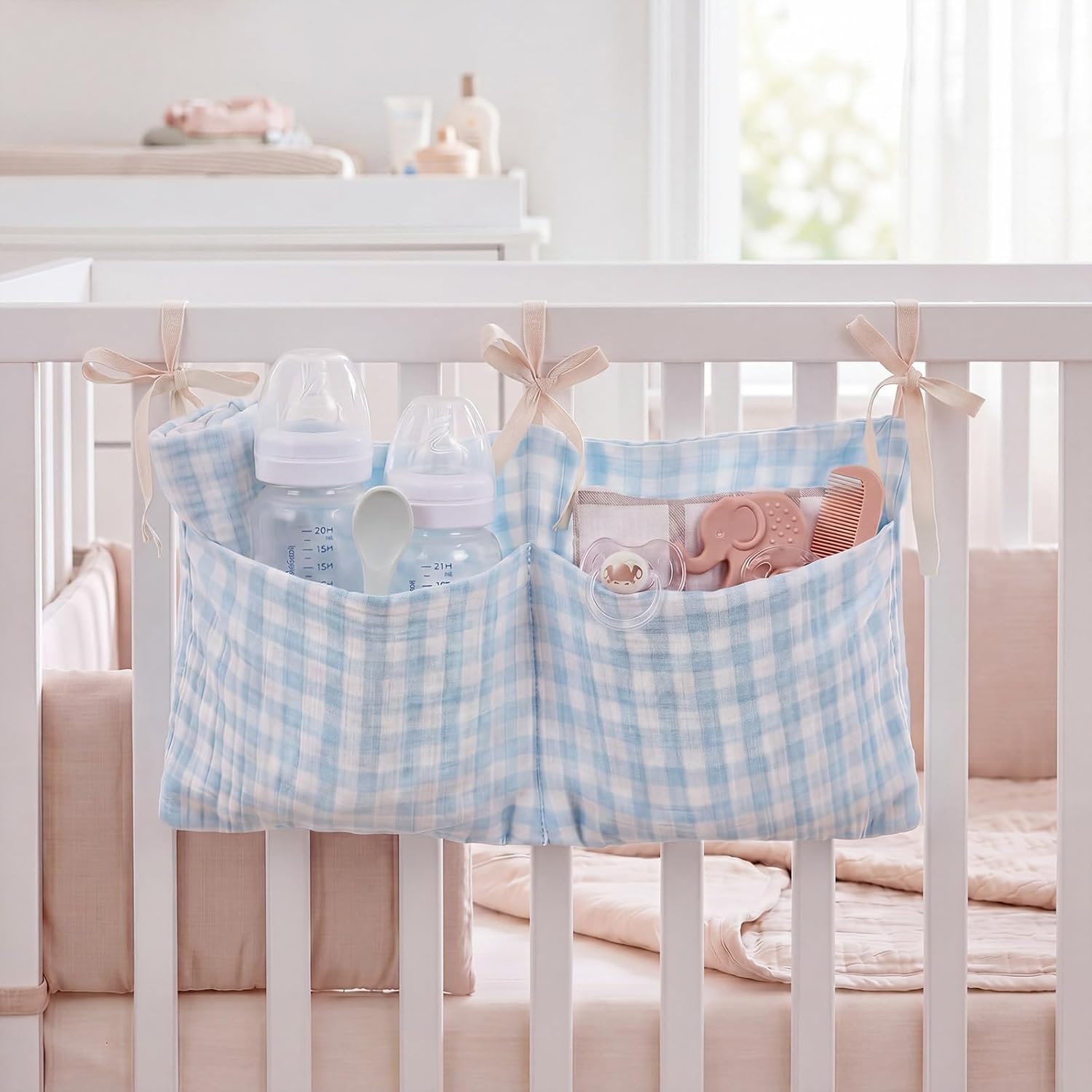 Gingham Diaper Bag Organizer Playpen Organizer Hanging Cotton Crib Storage Bag For Baby girl's room (Blue)(Beige)