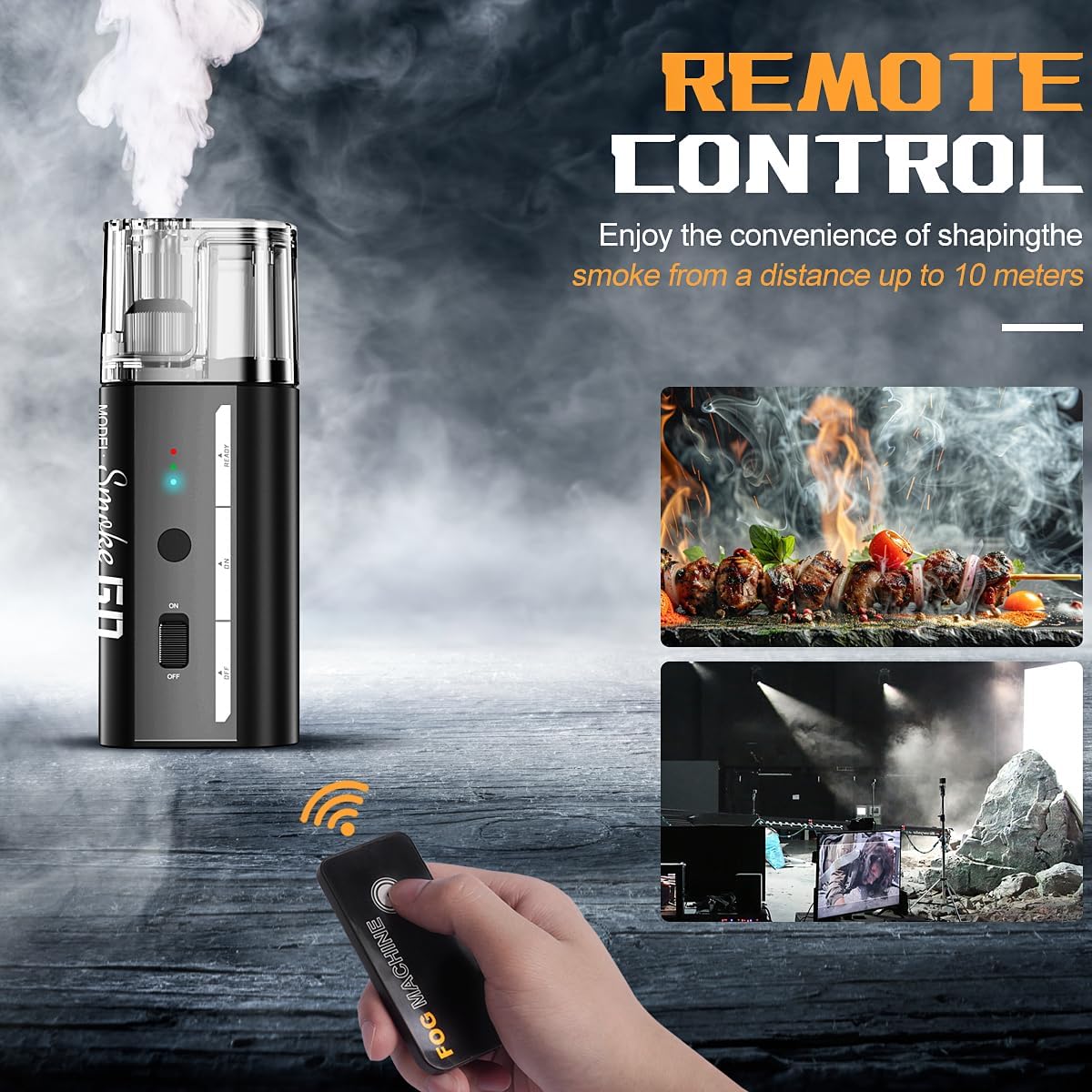 LENSGO SMOKE GO with its remote control, illustrating remote operation